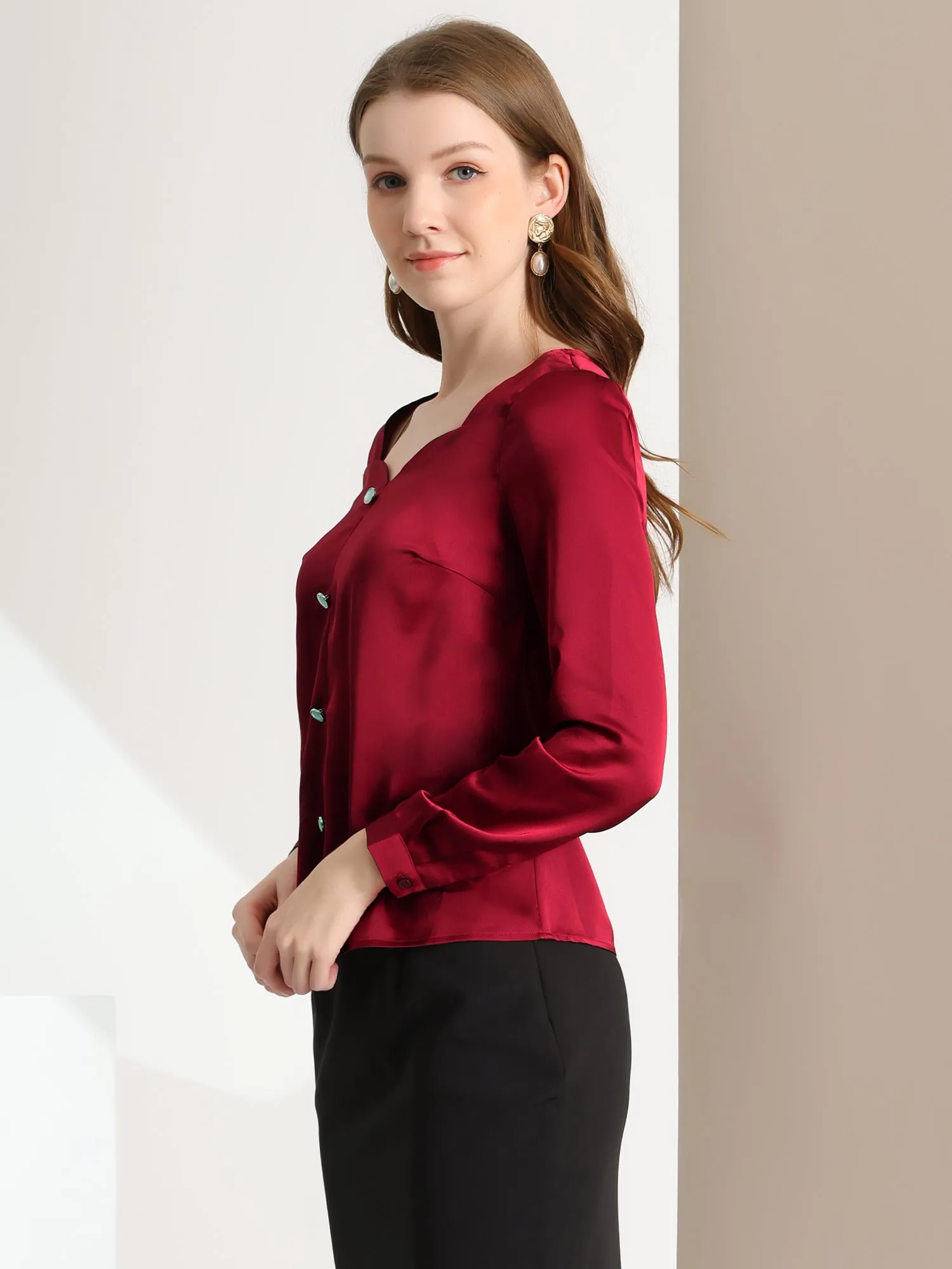 Elegant Sweetheart Neck Button Decor Long Sleeve Satin Blouse