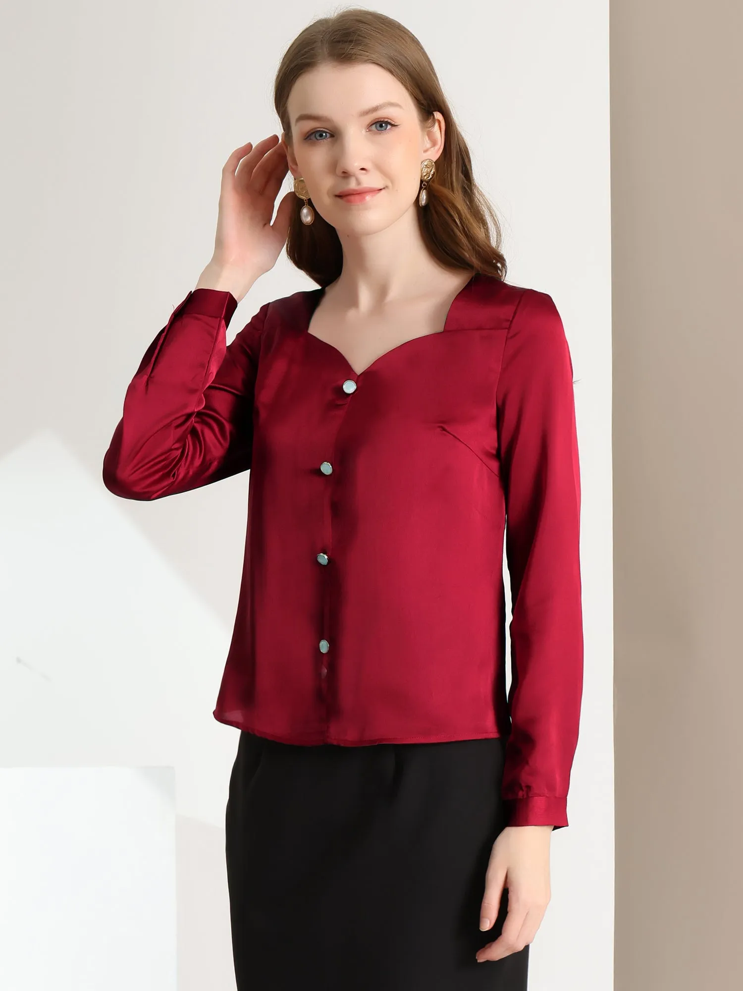 Elegant Sweetheart Neck Button Decor Long Sleeve Satin Blouse