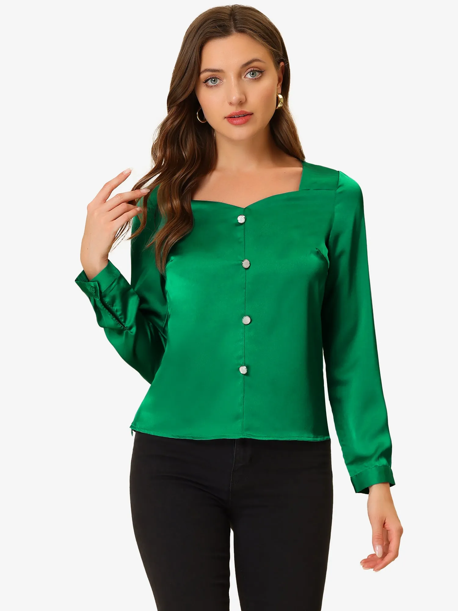 Elegant Sweetheart Neck Button Decor Long Sleeve Satin Blouse