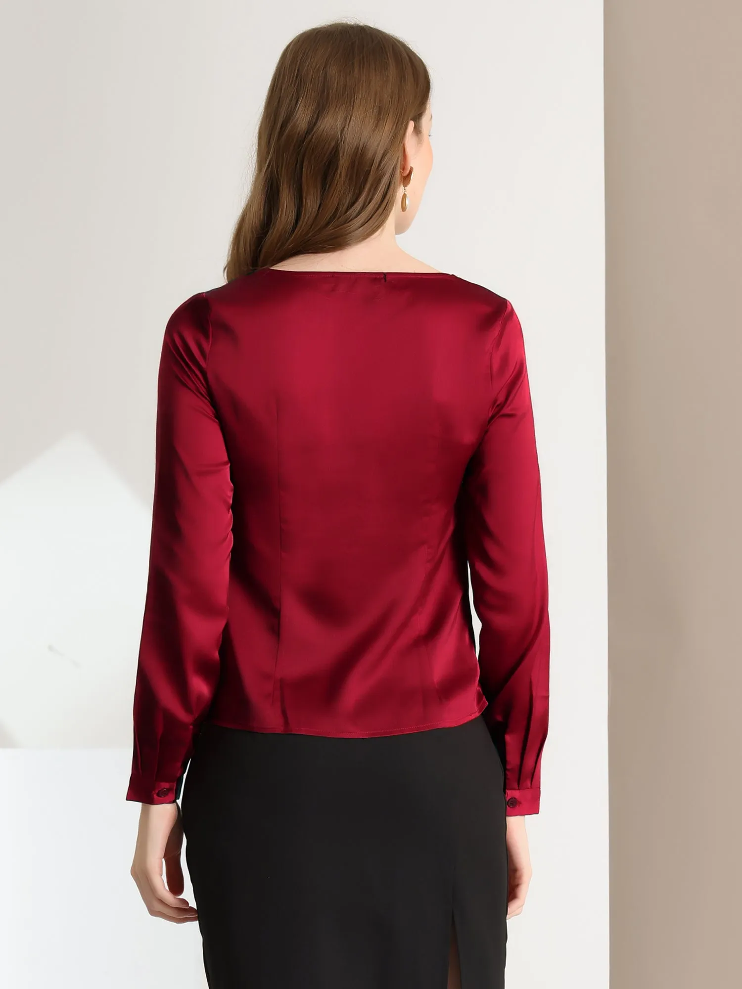 Elegant Sweetheart Neck Button Decor Long Sleeve Satin Blouse