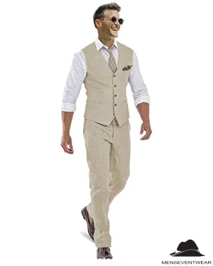 Formal 2 Pieces Mens Suit Flat Linen V Neck For Wedding (Vest   Pants)