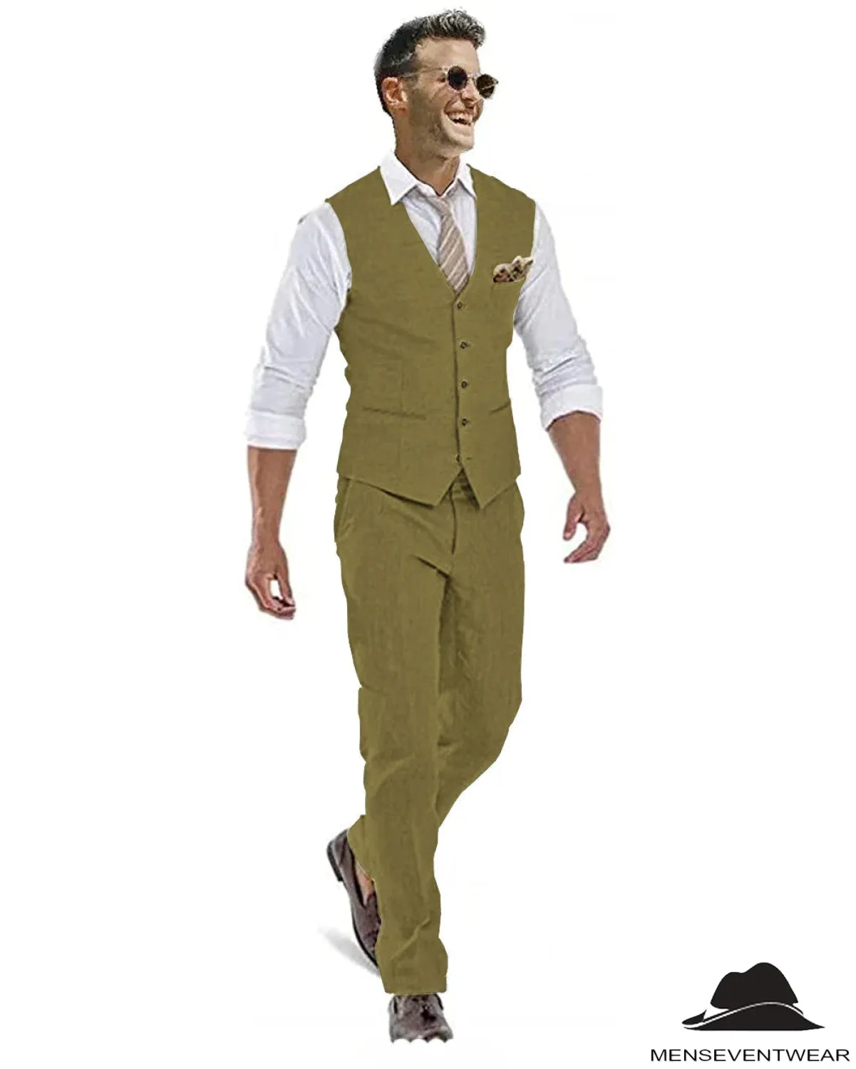 Formal 2 Pieces Mens Suit Flat Linen V Neck For Wedding (Vest   Pants)