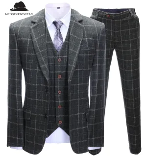 Formal Men's Business 3 Pieces Black Plaid Tweed Notch Lapel Suit (Blazer vest Pants)