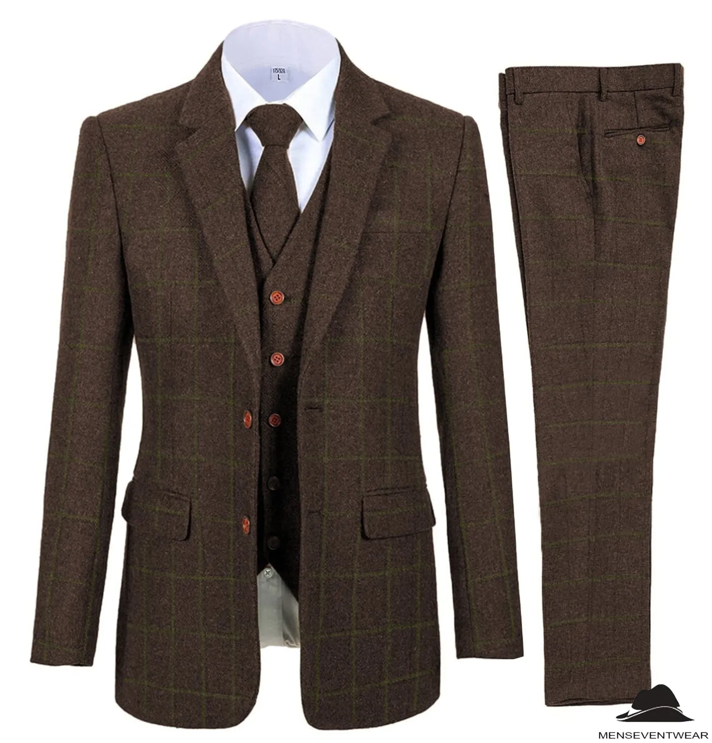 Formal Men's Business 3 Pieces Tweed Plaid Notch Lapel Suit (Blazer vest Pants)