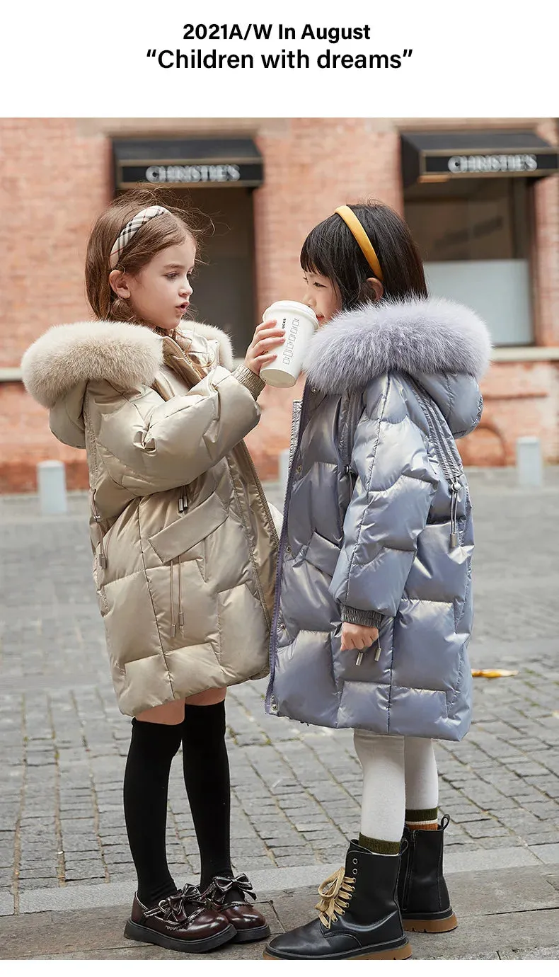 Girl Winter Down Jacket Faux Fur Waterproof Hooded Long Girl Winter Outerwear Coat 5-16 Years Teenage Girl Parka Snowwear