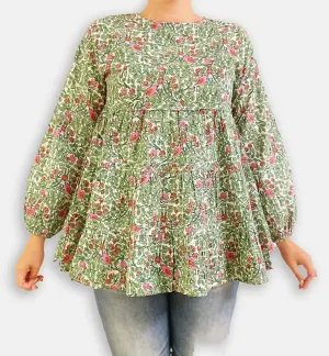 Green & Pink Bird Long Sleeve Babydoll Blouse