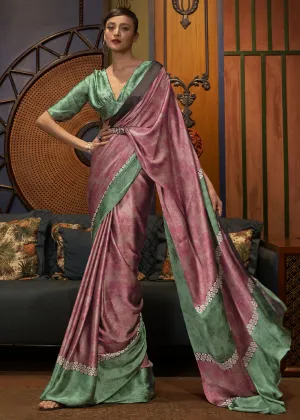 Green & Pink Designer Satin Crepe Printed Saree