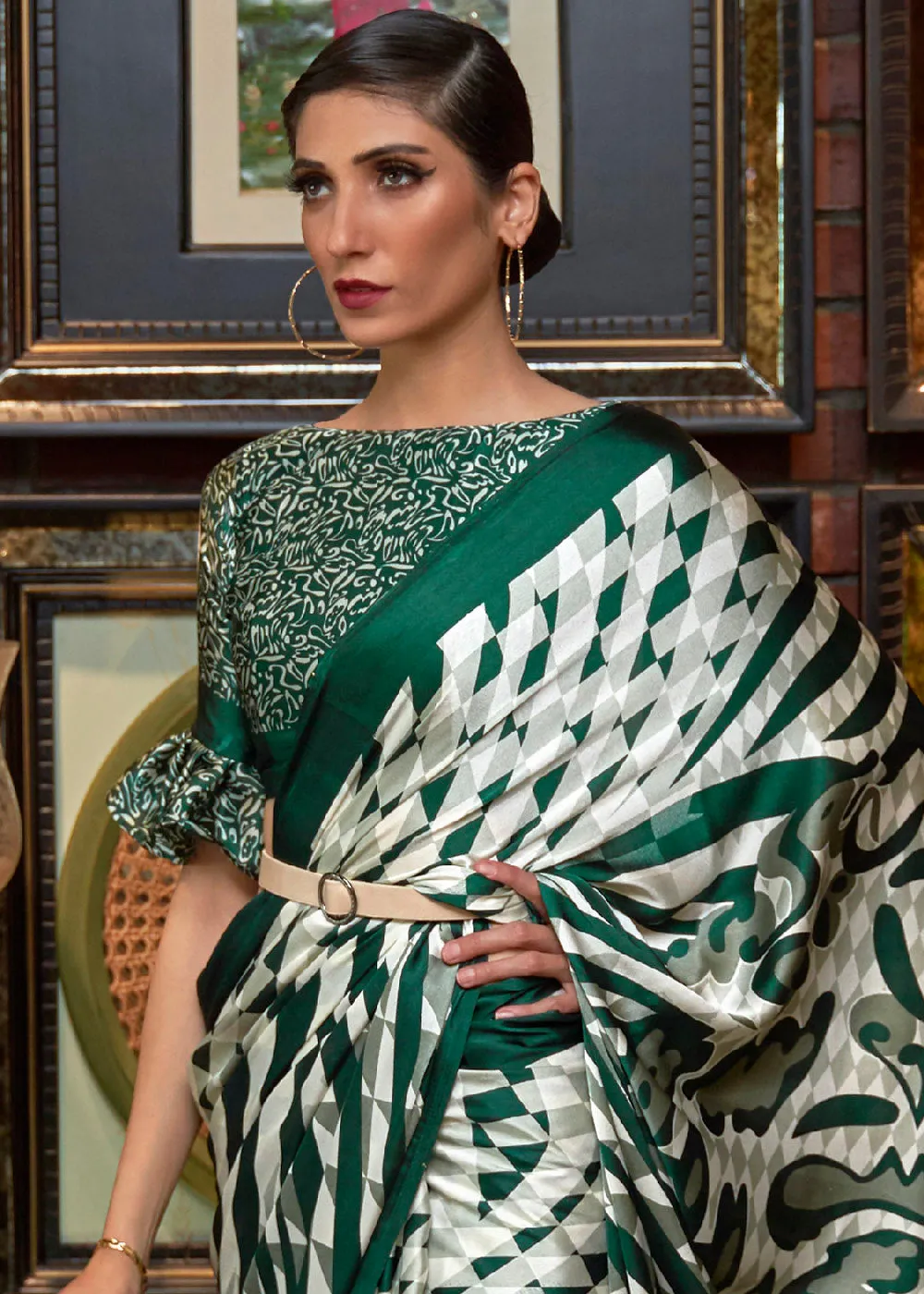 Green & White Designer Satin Crepe Printed Saree