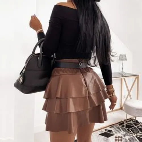 High Waist A-Line Hem Ruffle PU Leather Skirt