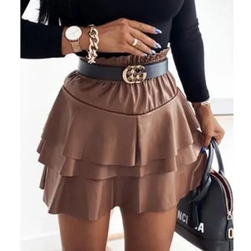 High Waist A-Line Hem Ruffle PU Leather Skirt