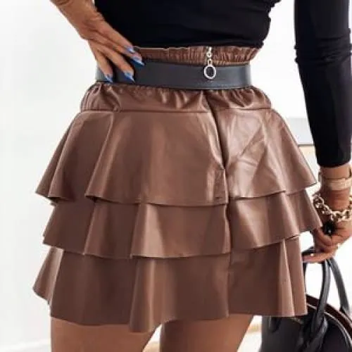 High Waist A-Line Hem Ruffle PU Leather Skirt