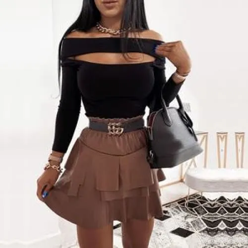 High Waist A-Line Hem Ruffle PU Leather Skirt