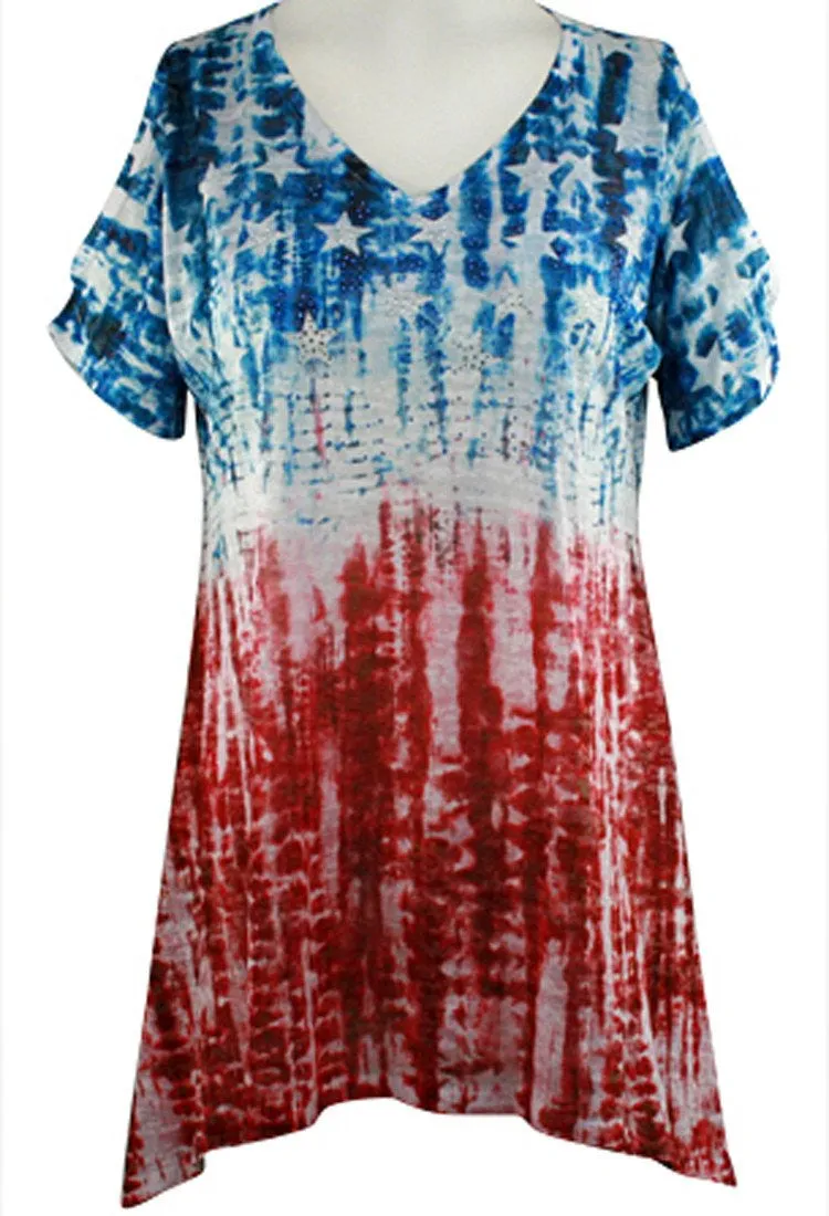 Jess & Jane Americana Short Sleeve V-Neck Cold Shoulder Sublimation Burnout Top