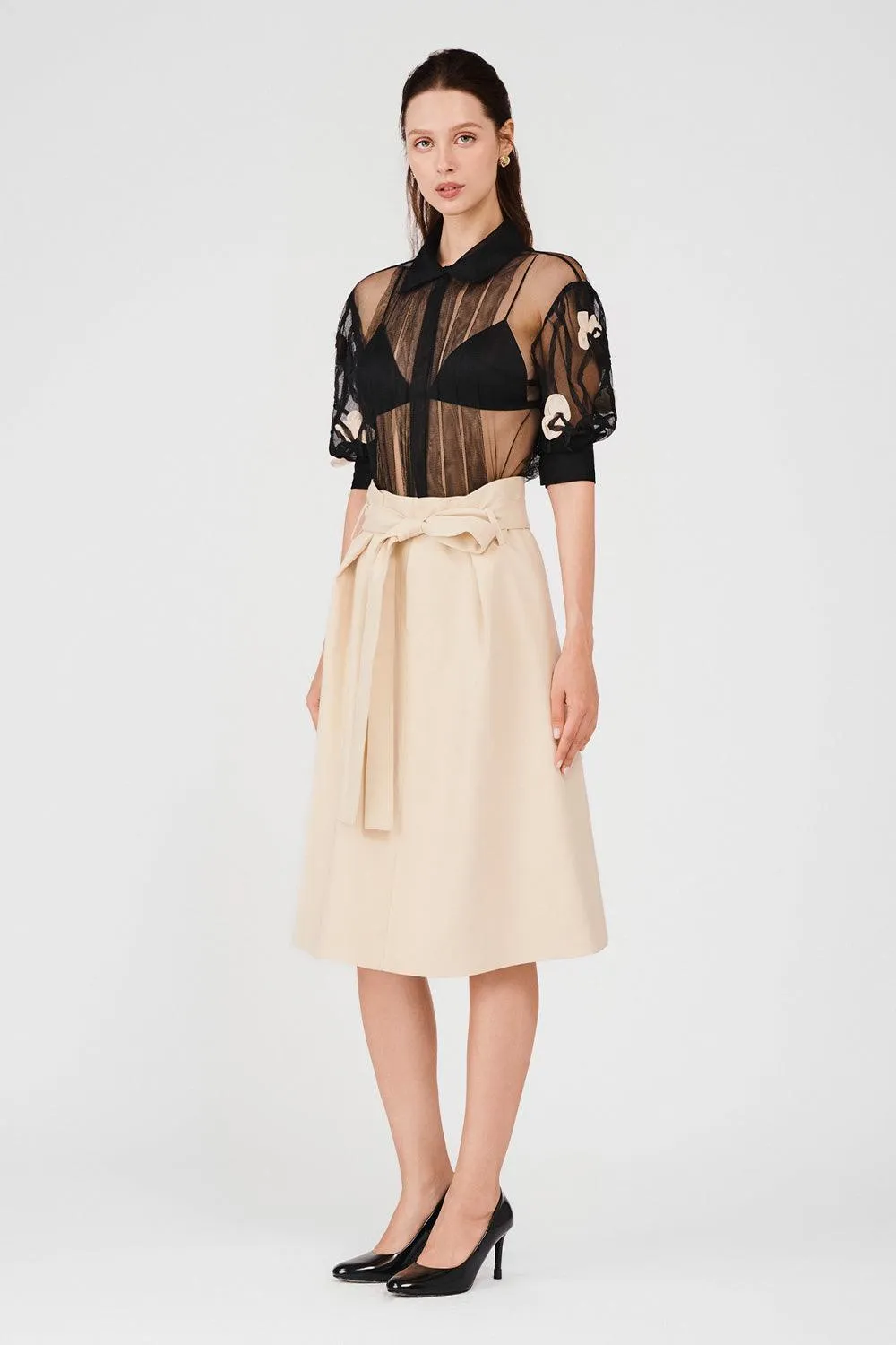 Jocelyn A-line Ribbon Khaki Calf Length Skirt