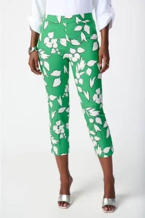 Joseph Ribkoff Green/Multi Leaf Print Stretch Pull On Capri Pants 241267