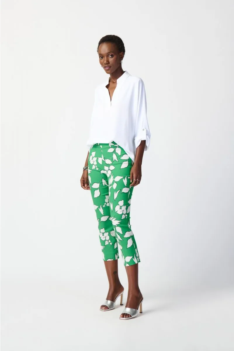 Joseph Ribkoff Green/Multi Leaf Print Stretch Pull On Capri Pants 241267