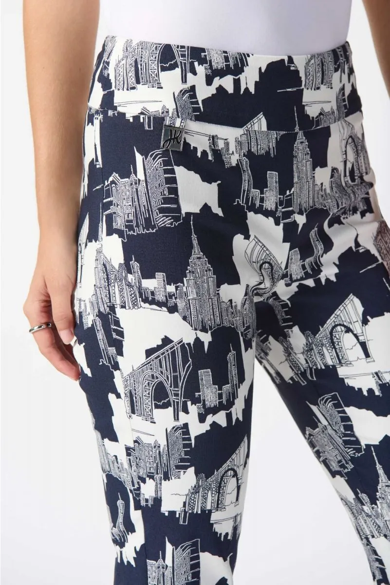 Joseph Ribkoff Vanilla/Midnight Blue Cityscape Pull On Capri Pants 242212