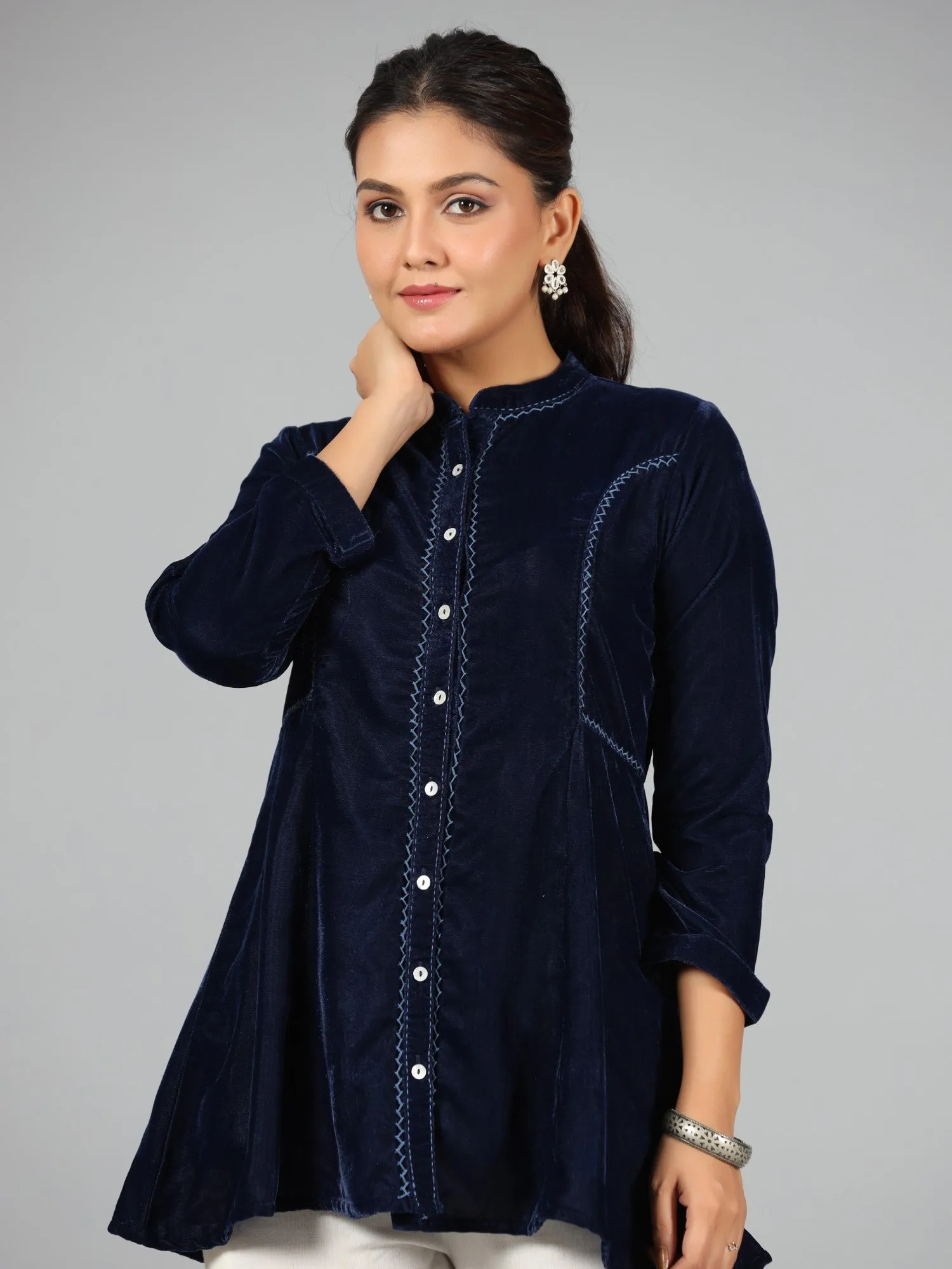 Juniper Women Blue Velvet Solid A-Line Tunic