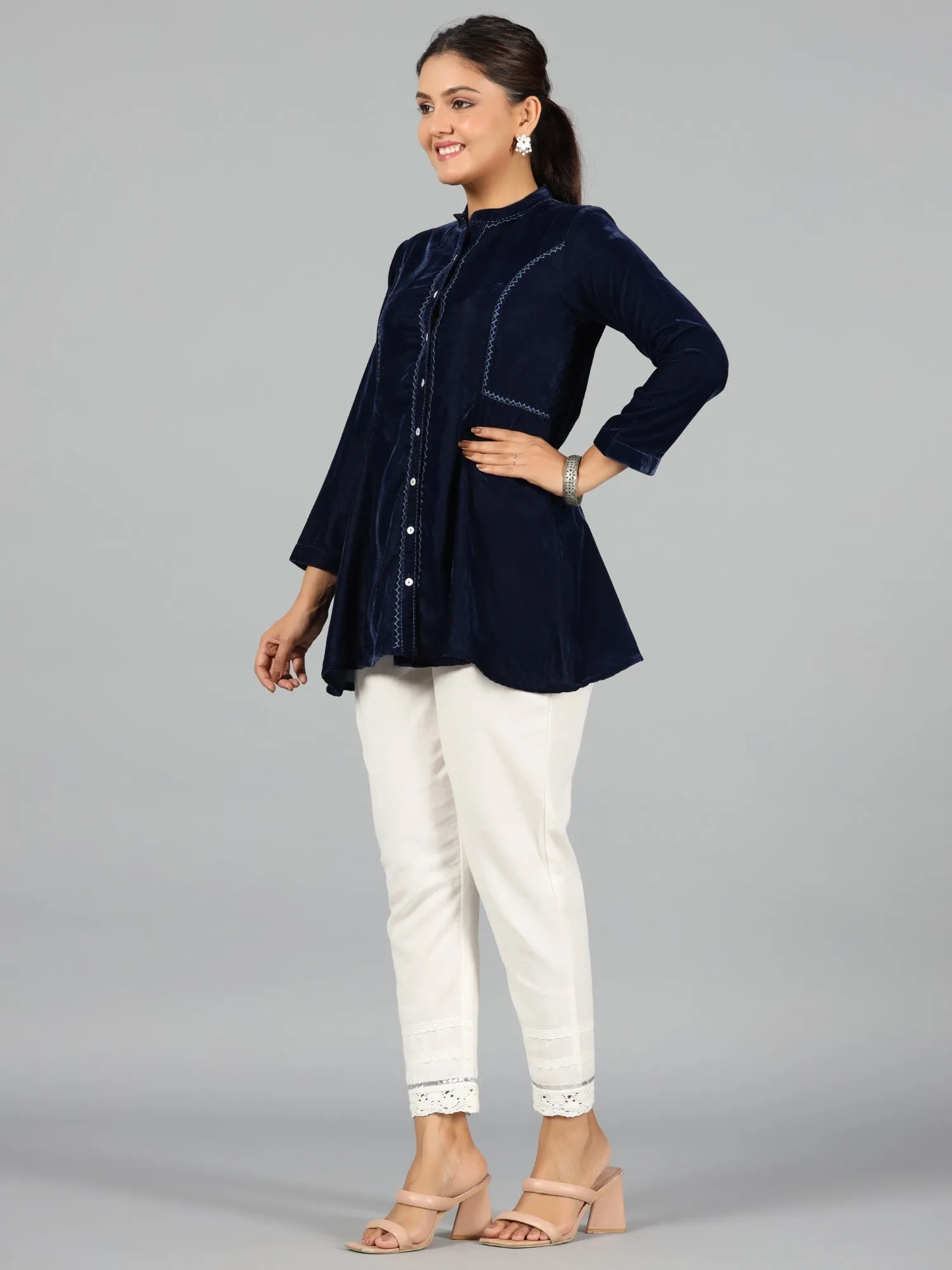 Juniper Women Blue Velvet Solid A-Line Tunic