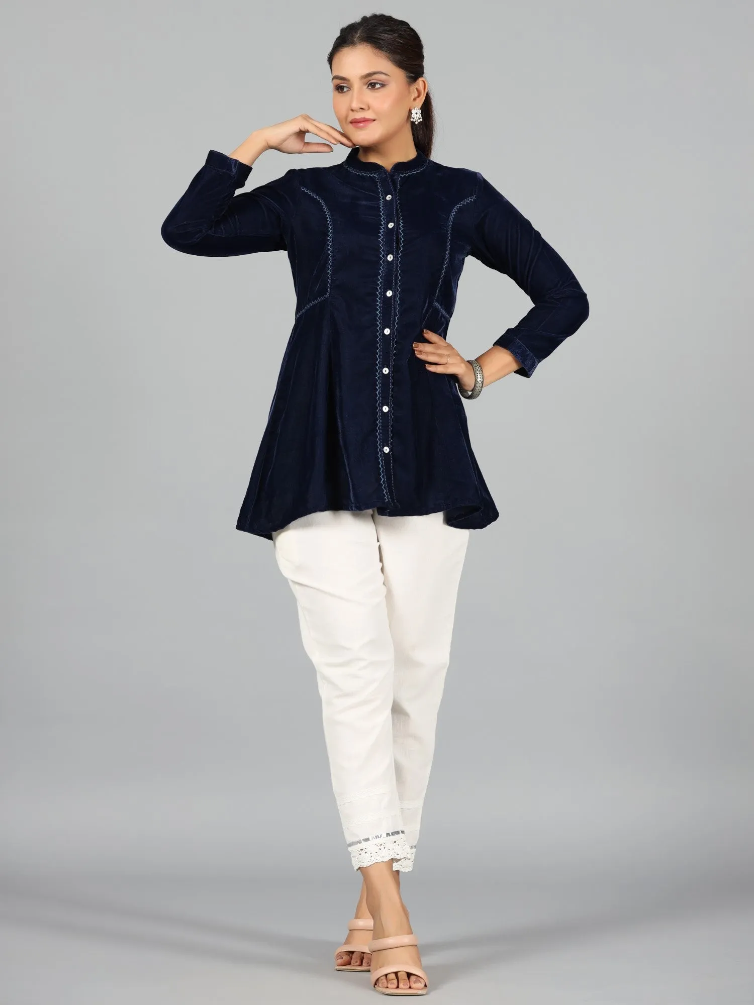 Juniper Women Blue Velvet Solid A-Line Tunic