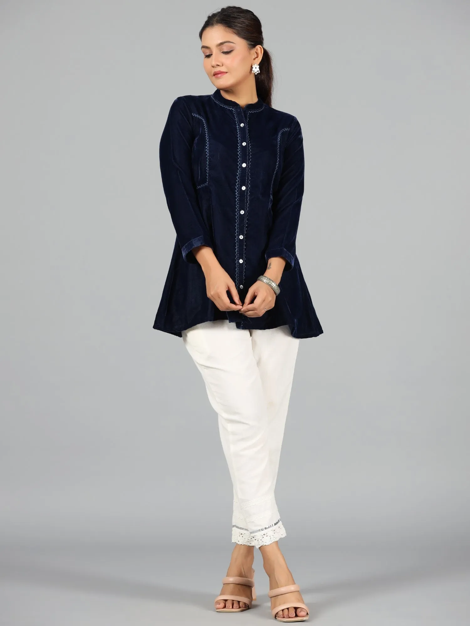 Juniper Women Blue Velvet Solid A-Line Tunic