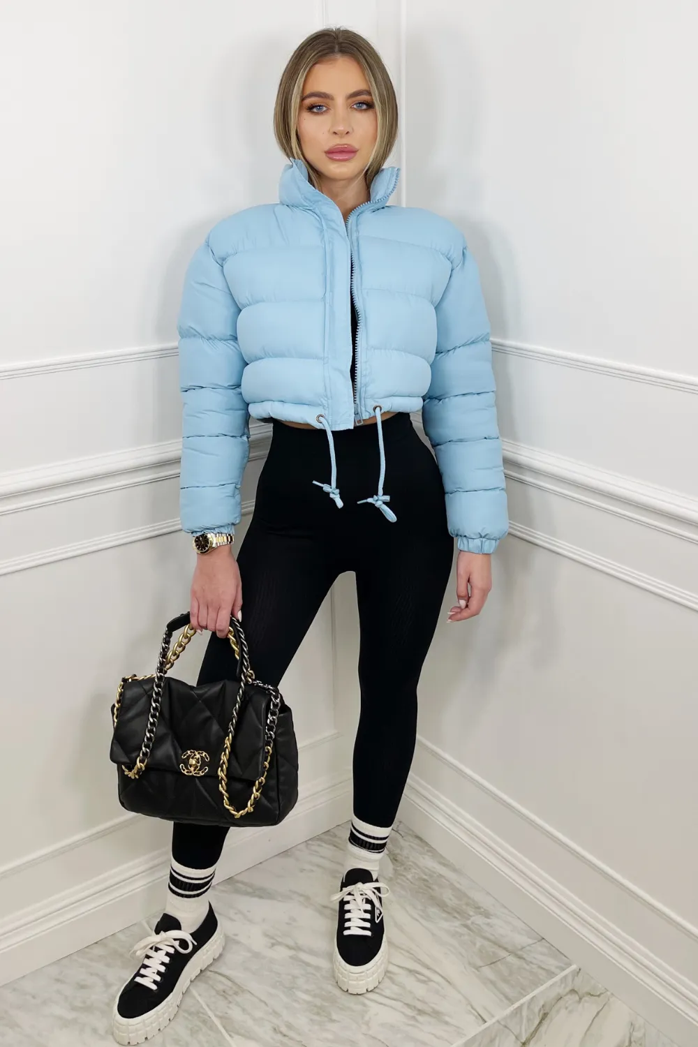 Karmin baby blue crop puffer coat