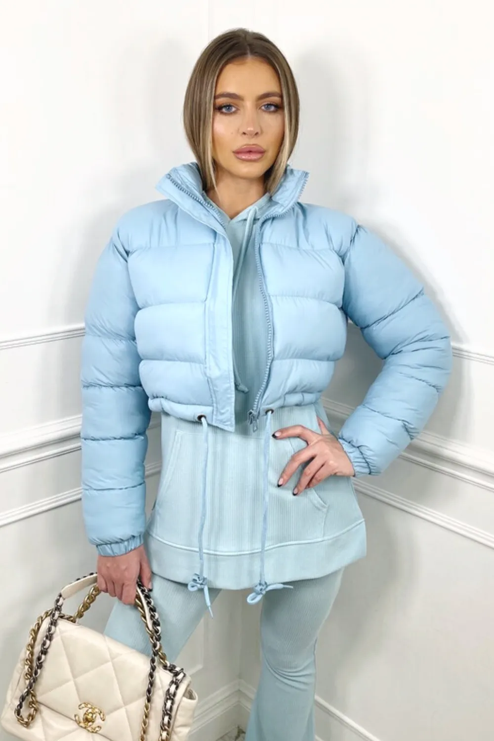 Karmin baby blue crop puffer coat