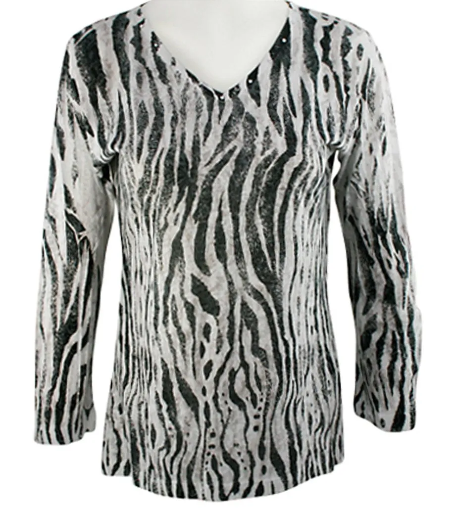 Katina Marie Zebra Stripes 3/4 Sleeve Rhinestone Multicolored Hi-Low Hem Top