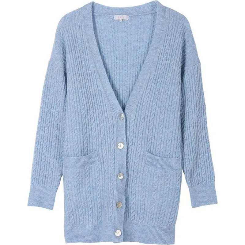 LILOU Light Blue Wool blended cable knitted cardigan