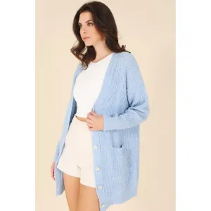 LILOU Light Blue Wool blended cable knitted cardigan