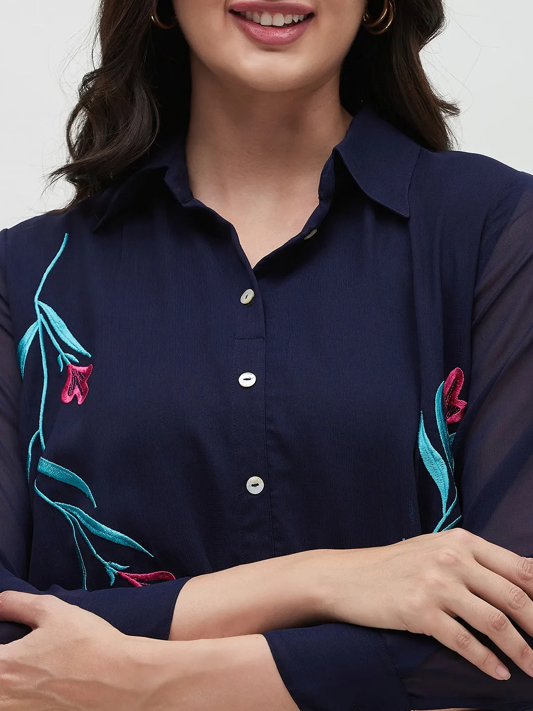 Long Navy Blue Embroidered Shirt