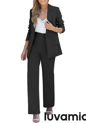 luvamia 2 Piece Outfits for Women Dressy Blazer Jackets High Waisted Straight Leg Pants Suits Set Business Casual Office