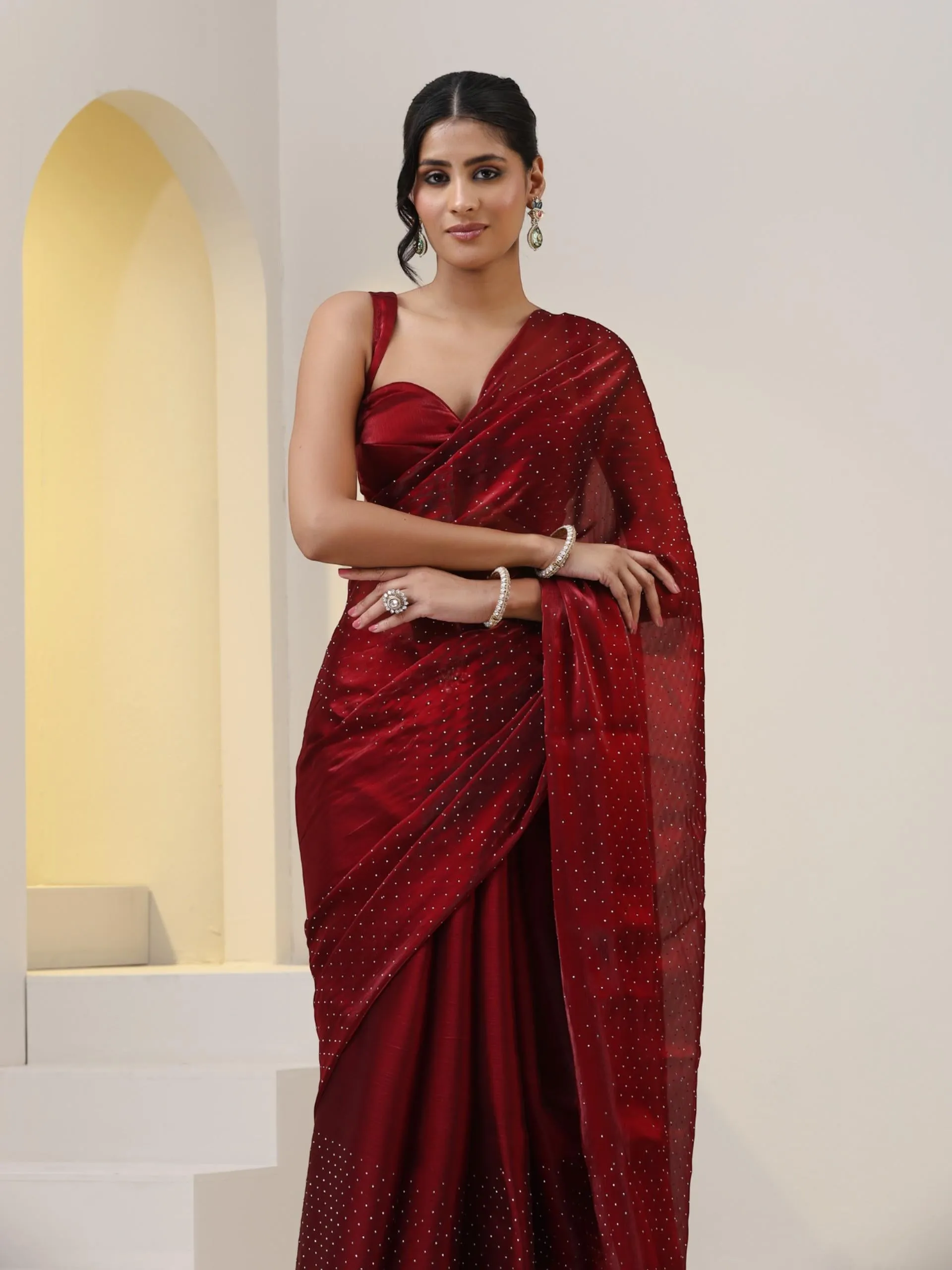 Maroon Swarovski style Saree with Lace and Blouse Fabric