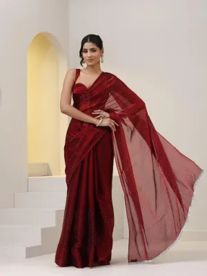 Maroon Swarovski style Saree with Lace and Blouse Fabric