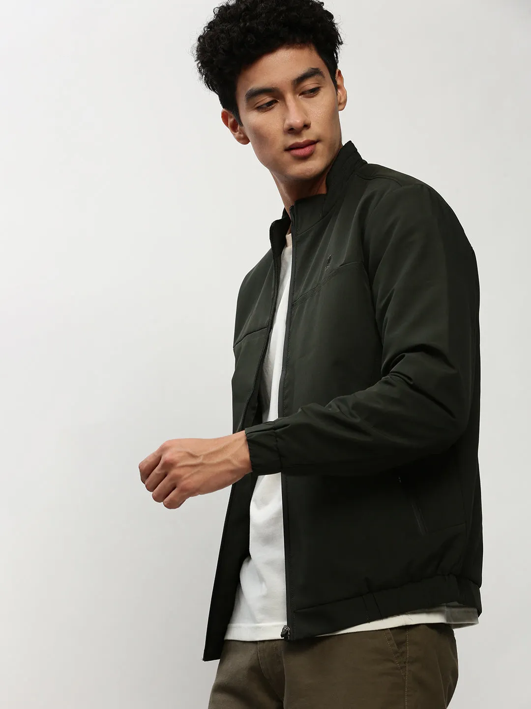 Men Green Solid Casual Bomber Jackets