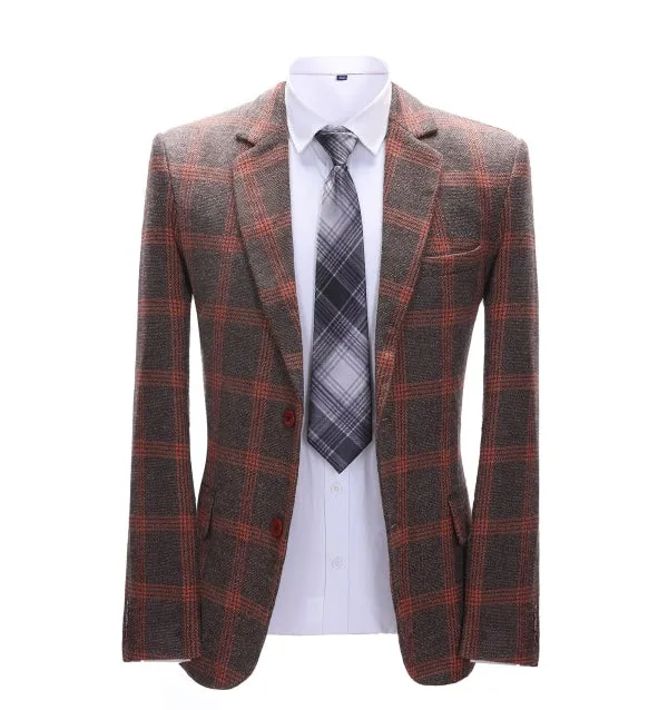 Men's 2 Pieces Formal Burgundy Plaid Notch Lapel Tuxedos for Wedding(Blazer Pants)