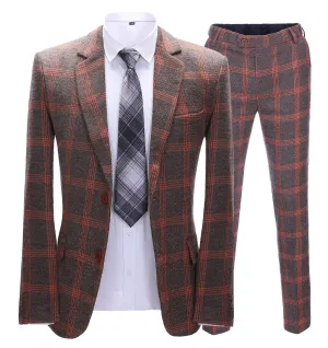 Men's 2 Pieces Formal Burgundy Plaid Notch Lapel Tuxedos for Wedding(Blazer Pants)