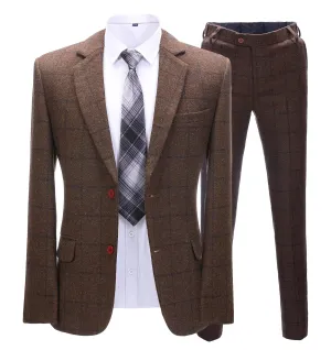 Men's 2 Pieces Formal Coffee Plaid Notch Lapel Tuxedos for Wedding(Blazer Pants)