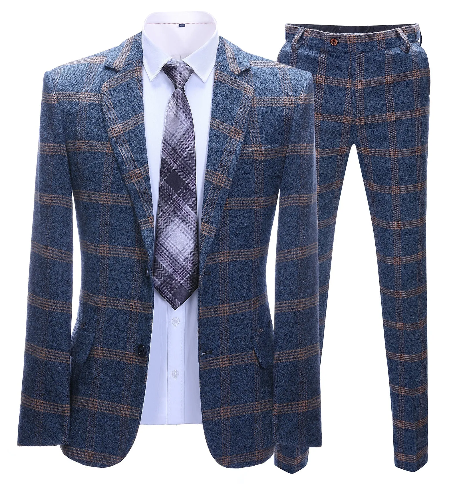 Men's 2 Pieces Formal Royal Blue Plaid Notch Lapel Tuxedos for Wedding(Blazer Pants)