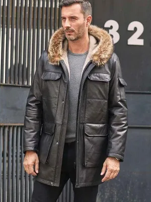 Men's Black Leather Parkas Mink Coat Long Winter Overcoat Fur Outwear