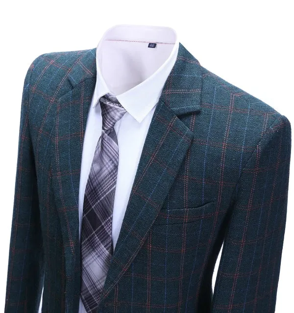 Men's Business 2 Pieces Formal Tweed Navy Plaid Notch Lapel Tuxedos for Wedding (Blazer Pants)