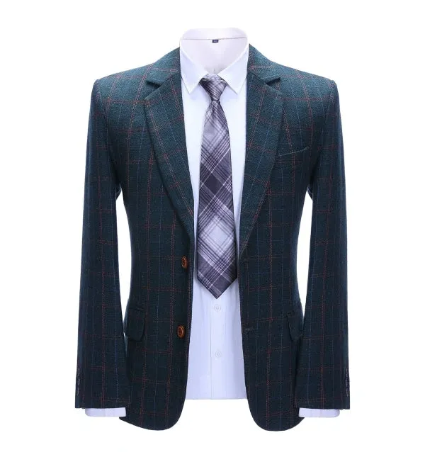 Men's Business 2 Pieces Formal Tweed Navy Plaid Notch Lapel Tuxedos for Wedding (Blazer Pants)