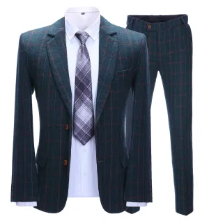 Men's Business 2 Pieces Formal Tweed Navy Plaid Notch Lapel Tuxedos for Wedding (Blazer Pants)