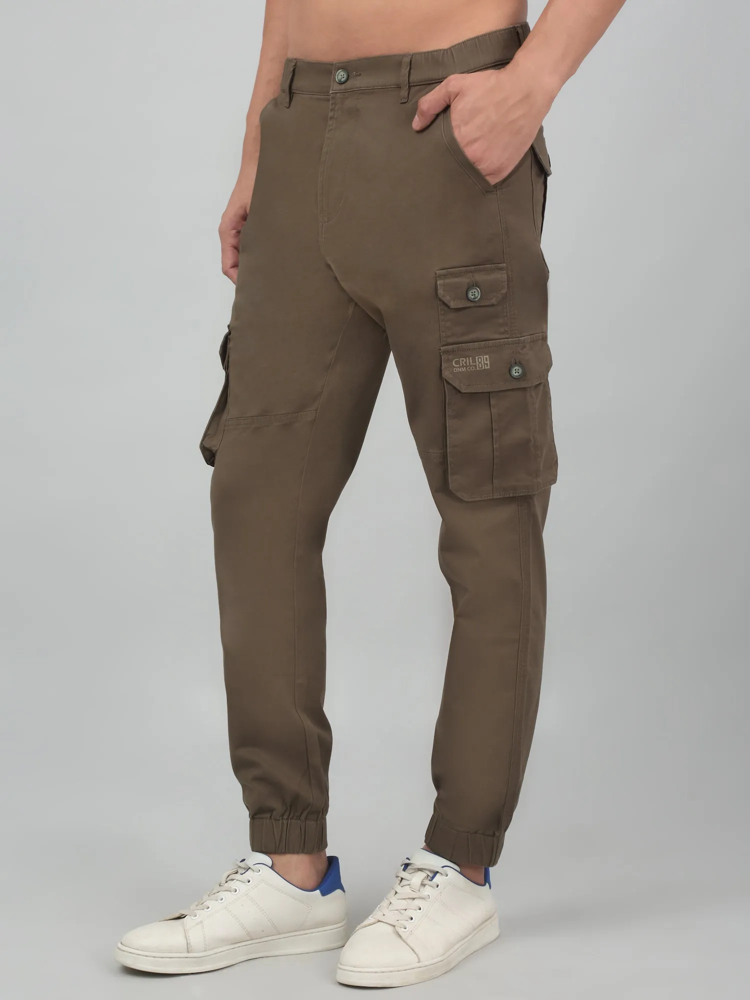 Men's Olive Green Solid Stretchable Cargo