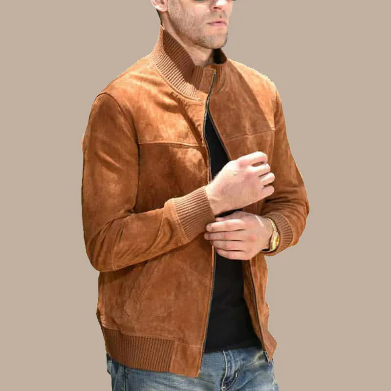 Men’s Real Leather Jacket With Rib Cuff Standing Collar