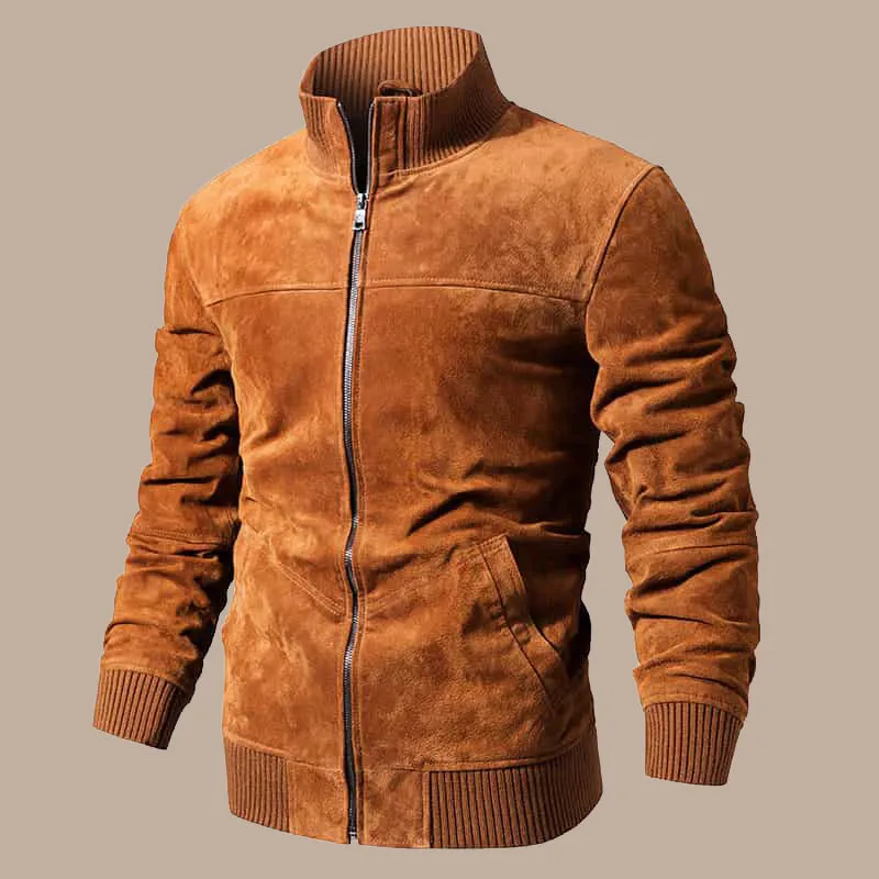 Men’s Real Leather Jacket With Rib Cuff Standing Collar