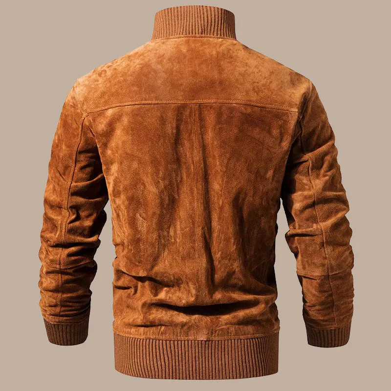 Men’s Real Leather Jacket With Rib Cuff Standing Collar