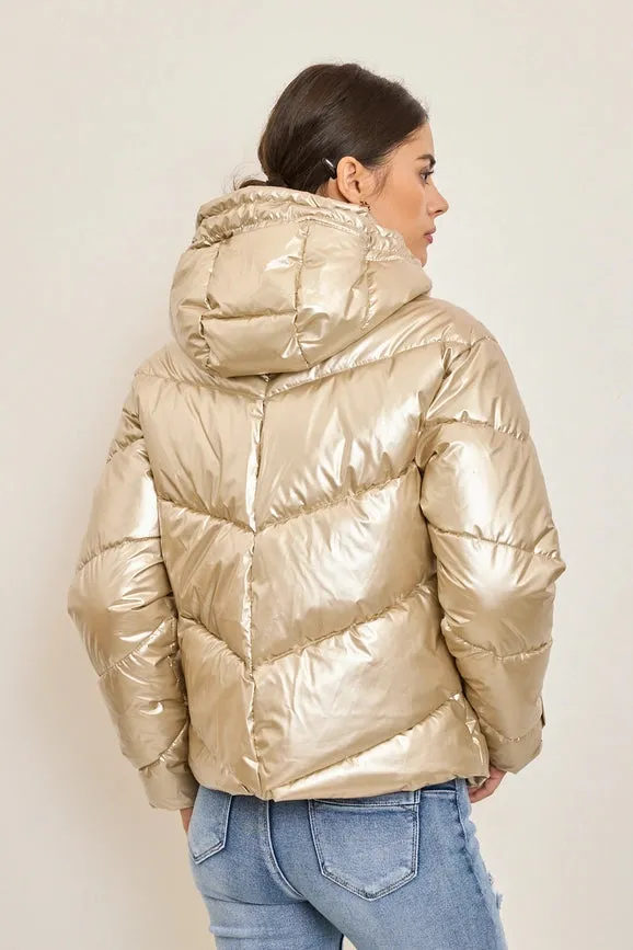 Metallic Down Jacket with Adjustable Hood and Snap Button Pockets Beige