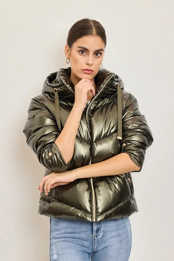 Metallic Down Jacket with Adjustable Hood and Snap Button Pockets Persimmon