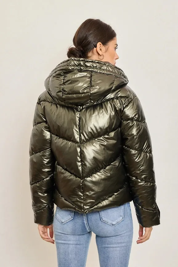 Metallic Down Jacket with Adjustable Hood and Snap Button Pockets Persimmon